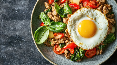 This vibrant Thai stir fried basil dish features fresh vegetables topped with a sunny-side-up egg, showcasing a colorful and delicious meal ideal for any occasion.の素材