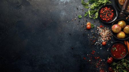 A captivating arrangement of fresh ingredients including vegetables, spices, and herbs, perfect for culinary photography or cooking inspiration.の素材