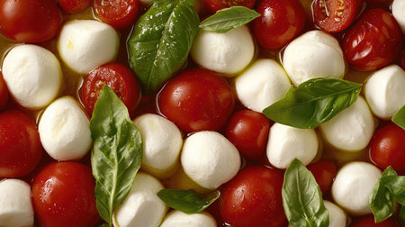 A vibrant display of fresh Italian ingredients featuring cherry tomatoes, mozzarella balls, and basil, perfect for salads or appetizers, evoking Mediterranean flavors.の素材