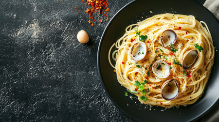 A beautifully presented plate of spaghetti alle vongole, featuring tender pasta topped with fresh clams, garlic, and herbs, perfect for gourmet dining.の素材