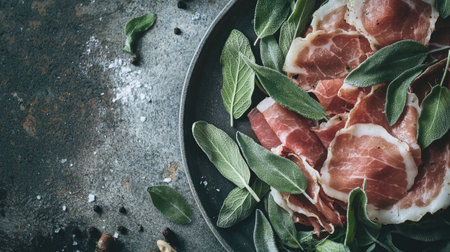 Explore an artistic close-up of fried pork saltimbocca, beautifully arranged with fresh herbs, showcasing vibrant colors and textures, perfect for food photography.の素材