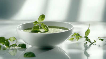 An elegant presentation of fresh green pesto in a smooth white bowl, featuring vibrant basil leaves, perfectly capturing the essence of gourmet cuisine.の素材