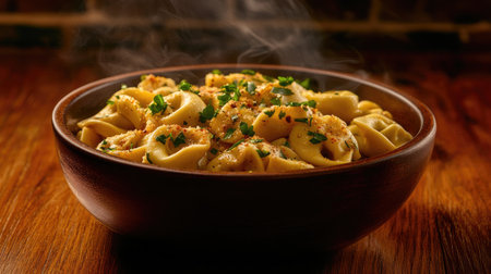 A steaming bowl of tortellini garnished with herbs, resting on a wooden table, highlighting the warmth and comfort of Italian cuisine. Perfect for food lovers.の素材