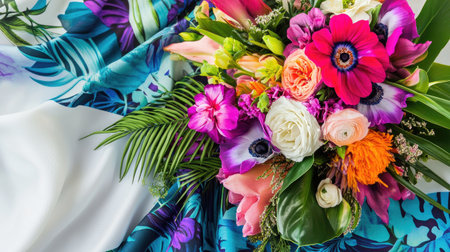 This vibrant floral composition features a colorful array of flowers arranged beautifully. Perfect for spring events and celebrations, this artistic bouquet adds a touch of elegance to any setting.の素材