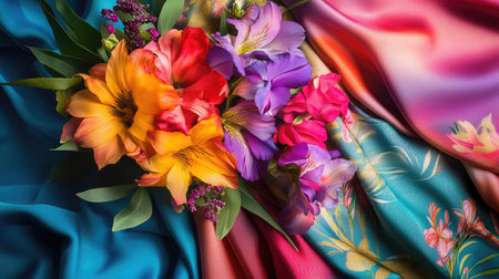 A stunning artistic composition featuring a vibrant flower bouquet on a silky background, showcasing a rich interplay of colors and textures. Ideal for aesthetics.の素材