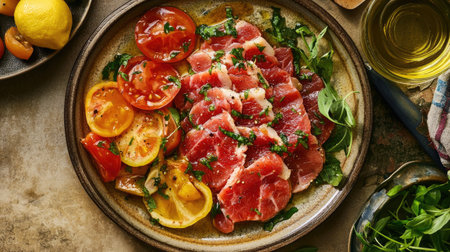 A vibrant presentation of saltimbocca alla romana served on a rustic plate, highlighting fresh ingredients and colorful vegetables. Perfect for showcasing Italian cuisine.の素材