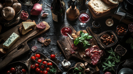 A visually rich arrangement showcasing gourmet food and vibrant ingredients on a rustic table. Perfect for food photography and culinary inspiration.の素材