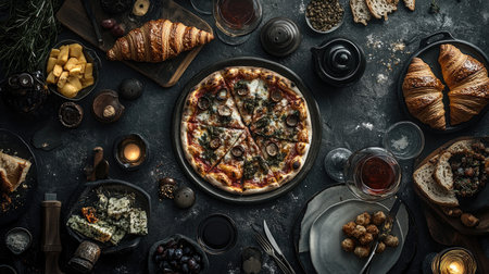 Discover a stunning artistic composition of delectable European cuisine, featuring a variety of dishes that create an inviting and gourmet dining experience.の素材