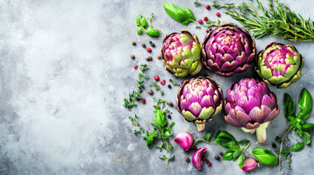 A stunning arrangement of fresh artichokes and herbs showcases the beauty of nature. Perfect for culinary projects, healthy recipes, and food presentations.の素材