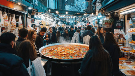Experience the lively atmosphere of a bustling food market on Portobello Road, where crowds gather to enjoy a variety of delicious dishes freshly prepared.の素材