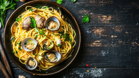 A vibrant bowl of spaghetti alle vongole featuring fresh clams, herbs, and garlic, styled on a rustic table. Perfect for showcasing Italian cuisine.の素材