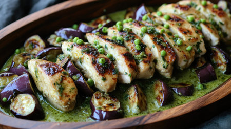 Close-up view of a wooden plate showcasing a flavorful Thai chicken dish, beautifully arranged with grilled vegetables and aromatic herbs for an appetizing presentation.の素材