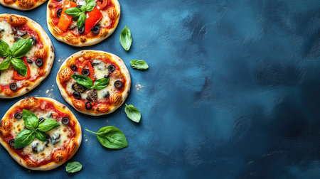 Explore a captivating overhead shot of assorted fresh pizzas topped with vibrant vegetables and herbs, perfect for any culinary occasion or gathering.の素材