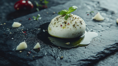 An isolated mozzarella di bufala sits elegantly on a black slate, drizzled with olive oil and garnished with herbs, showcasing freshness and flavor.の素材