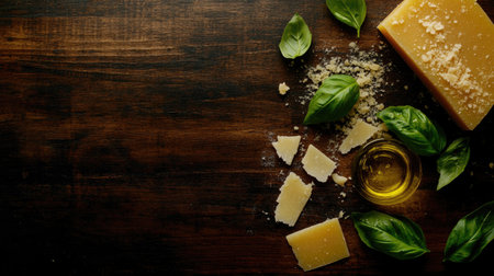 An overhead shot showcasing fresh ingredients for basil pesto, including basil leaves, olive oil, and Parmesan cheese, set on a rustic wooden surface.の素材