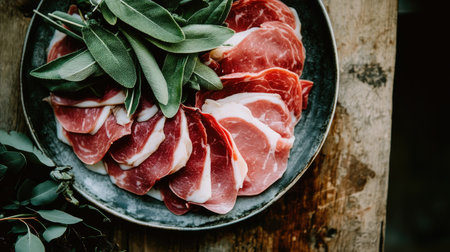 A top-down view of a plate filled with fresh meat slices and herbs, showcasing rustic dining aesthetics and gourmet culinary presentation. Perfect for food-related projects.の素材