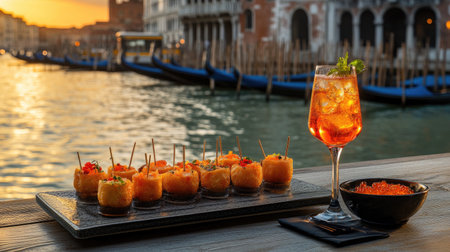 Experience a beautiful sunset view featuring delicious cicchetti paired with a refreshing cocktail by the waterfront, capturing the essence of Venetian dining.の素材