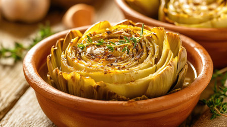 A rustic dish of carciofi alla Romana featuring artichokes cooked with herbs. Perfect for showcasing Italian culinary traditions in your food photography.の素材
