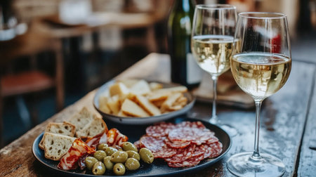 Enjoy a charming view of a snack bar scene in Venice featuring wine, cheese, olives, and charcuterie. Perfect for capturing culinary experiences and leisure moments.の素材