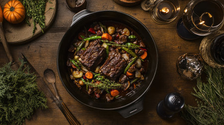 This overhead view showcases a delicious beef bourguignon with vibrant vegetables, exuding a warm and inviting ambiance perfect for any gourmet dining experience.の素材