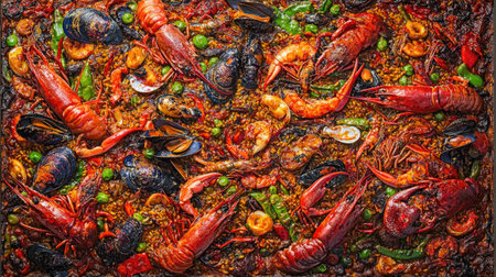 This vibrant overhead shot showcases a large pan of colorful paella, featuring an array of seafood and fresh ingredients, perfect for culinary delights.の素材