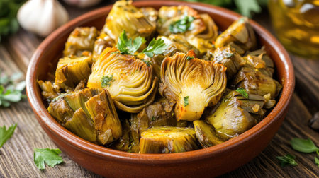 This inviting dish features carciofi alla Romana, artichokes simmered with herbs and spices. Perfect for a rustic dining experience or a healthy meal option.の素材