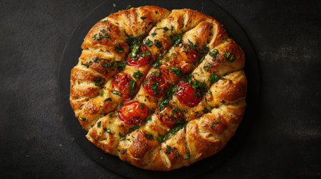An overhead composition of a beautifully baked focaccia showcasing its golden crust adorned with fresh herbs and glistening cherry tomatoes. Perfect for culinary delights.の素材