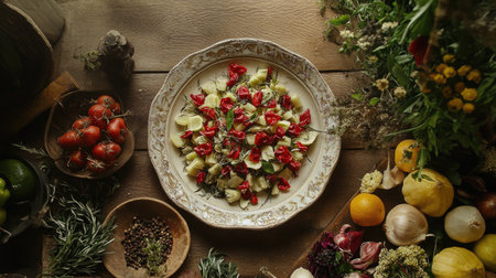 A beautiful top view of a traditional Italian pasta dish, artfully arranged with fresh vegetables and herbs, showcasing vibrant colors and rustic charm.の素材
