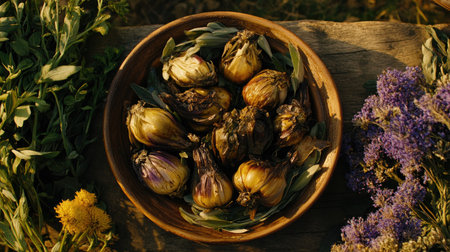 A captivating top view of traditional Italian ingredients showcased in a rustic bowl, surrounded by fresh herbs and flowers, perfect for culinary inspiration.の素材
