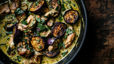A vibrant close-up view of a delicious Thai green curry dish featuring tender chicken and eggplant, garnished with fresh herbs for an inviting meal option.の素材