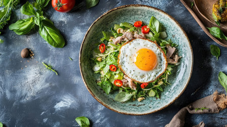 A vibrant overhead shot of a Thai stir-fried basil dish featuring fresh herbs, vegetables, and a sunny-side-up egg, perfect for showcasing culinary delights.の素材