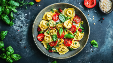 An overhead view of a vibrant plate of tortellini with fresh vegetables and herbs, showcasing a delightful culinary presentation perfect for any Italian meal.の素材