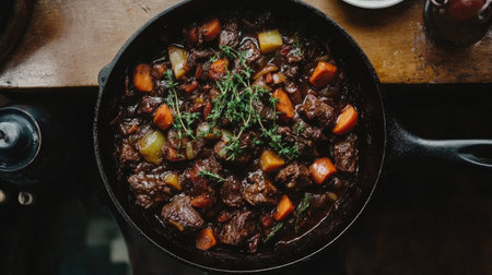 This overhead shot captures a delicious beef bourguignon cooking in a pan, showcasing tender meat, fresh vegetables, and aromatic herbs in a hearty stew.の素材