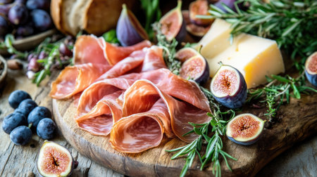 A beautiful arrangement of thin prosciutto slices with figs, cheese, and fresh herbs on a rustic wooden platter, perfect for gourmet dining or entertaining.の素材