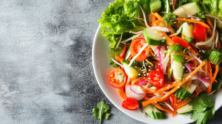 This vibrant spicy papaya salad features fresh vegetables like cucumber and cherry tomatoes, perfect for a healthy and colorful dish. Enjoy the flavors!の素材