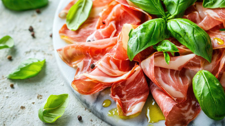 Discover the exquisite beauty of prosciutto di Parma slices arranged with fresh basil. This image highlights the vibrant colors and gourmet appeal of a savory Italian delicacy.の素材