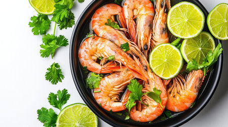 A top-view image of a black bowl filled with vibrant shrimp, garnished with fresh cilantro and lime. Perfect for showcasing seafood dishes and healthy meals.の素材