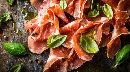 A close-up view of fresh prosciutto slices elegantly arranged with basil leaves, perfect for gourmet dishes or as a savory appetizer. Ideal for food photography.の素材
