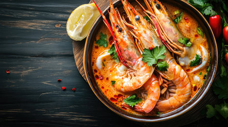 A tantalizing top view of Tom Yum Goong soup featuring fresh shrimp, vibrant herbs, and aromatic spices, perfect for showcasing Thai cuisine's zest and flavor.の素材