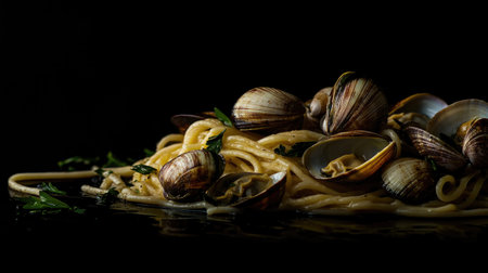 A stunning close-up image of spaghetti alle vongole, showcasing perfectly cooked pasta and fresh clams. The dark background highlights the elegance of this classic Italian dish.の素材