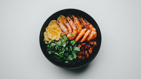 Explore a vibrant top view of a delicious Tom Yum Kung dish featuring fresh shrimp, aromatic herbs, and colorful spices artfully arranged in a sleek bowl.の素材