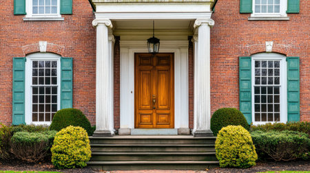 This image showcases an elegant front entrance of a brick house, featuring grand columns, lush greenery, and a warm wooden door, perfect for representing classic architecture.の素材