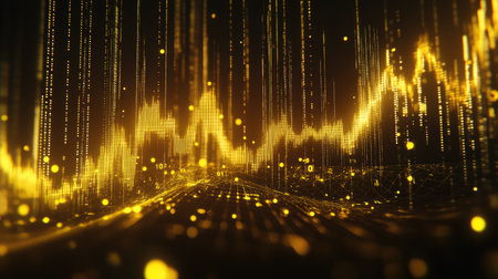 A stunning abstract background featuring golden data visualization elements, showcasing dynamic patterns and glowing particles for technology and finance themes.の素材