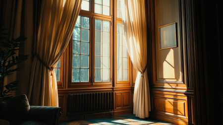 A serene interior featuring large windows draped in soft curtains, allowing golden sunlight to fill the room with warmth and elegance. Perfect for cozy spaces.の素材