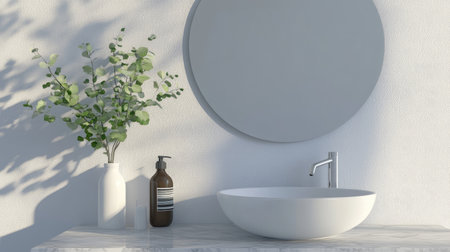 A serene bathroom scene featuring a modern sink, decorative vase with greenery, and a round mirror, creating a tranquil and stylish atmosphere.の素材