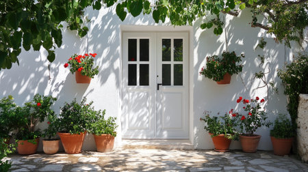 A picturesque white doorway framed by vibrant potted flowers, bathed in soft sunlight and shadows, creating a serene outdoor ambiance. Perfect for nature and home decor themes.の素材