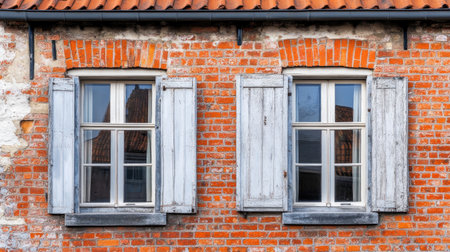 Charming rustic brick wall featuring two windows with wooden shutters. This image captures the essence of traditional architecture in a serene outdoor setting.の素材