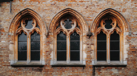 Three elegant gothic windows adorn a weathered brick wall, showcasing intricate designs and historical charm, perfect for architectural enthusiasts.の素材