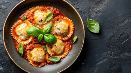 This top view image features a plate of ravioli generously topped with rich tomato sauce and fresh basil, perfect for gourmet dining.の素材