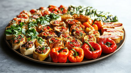 Experience a vibrant cicchetti spread showcasing an array of delicious, bite-sized appetizers featuring fresh vegetables and herbs, perfect for any gathering.の素材